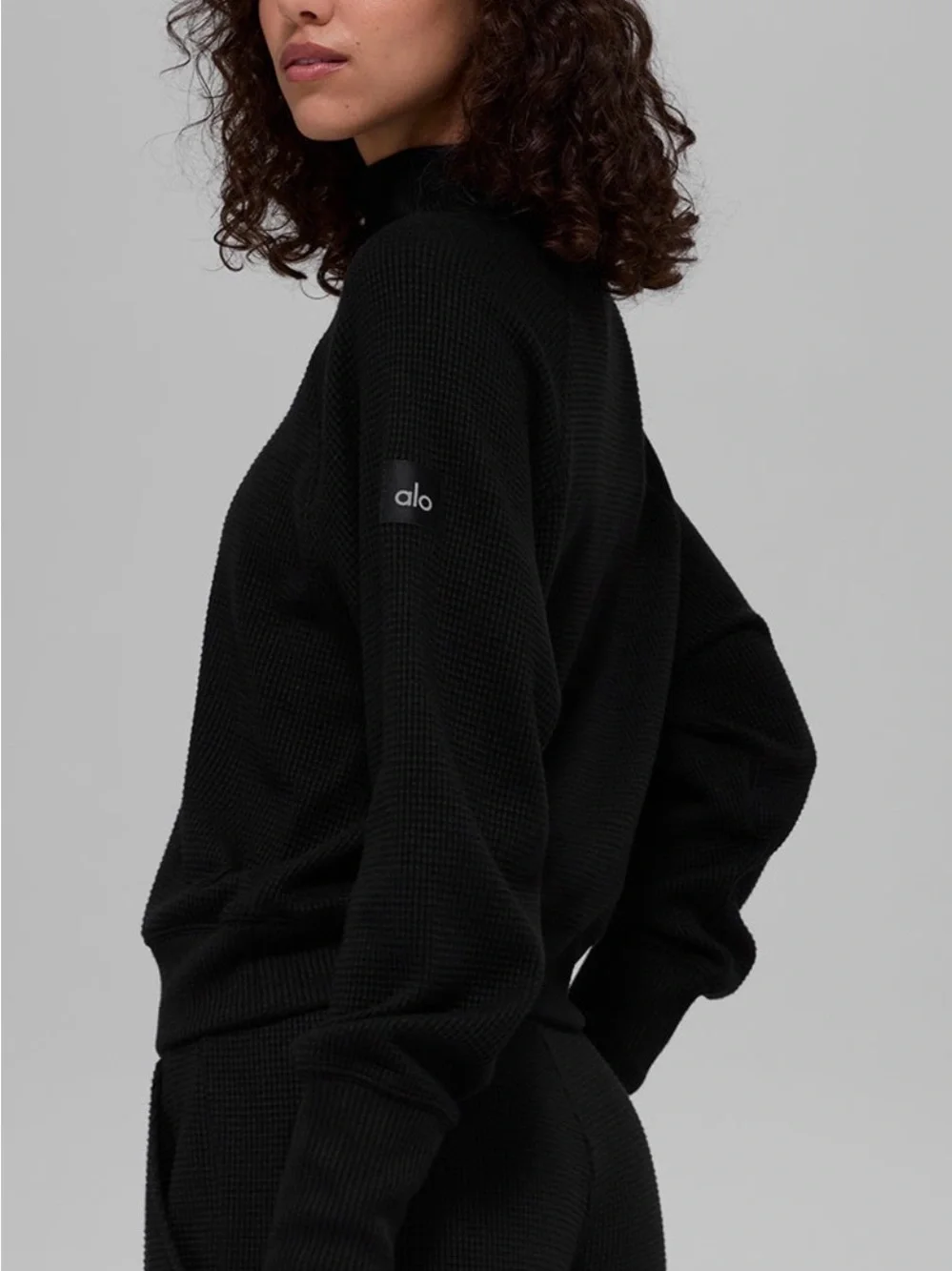ALO Waffle Weekend Black Mock Neck Cozy Sweater